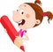 Cheerful little girl holds red pencil peeking out flat design