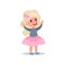 Cheerful little girl with long blond hair in puffy pink skirt and blouse with stripes. Kid character with happy face