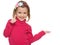 Cheerful little girl in red with her thumb up