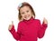 Cheerful little girl in red with her thumbs up