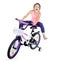 Cheerful little girl on a sports bike on a white background