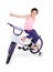 Cheerful little girl on a sports bike on a white background