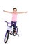 Cheerful little girl on a sports bike on a white background