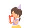 Cheerful Little Girl Wearing Birthday Hat Holding Gift Box Tied with Red Ribbon Vector Illustration