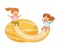 Cheerful Little Girls Swinging on Huge Melon Slice Vector Illustration