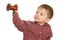 Cheerful little kid holding a roll of cooper wire