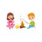 Cheerful little kids. Girl drinking tea from cup, boy cooking marshmallow on fire. Summer outdoor activity. Flat vector