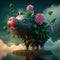 The cheerful little pig jumps between the clouds and flowers - Generate Artificial Intelligente - AI