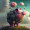 The cheerful little pig jumps between the clouds and flowers - Generate Artificial Intelligente - AI