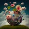 The cheerful little pig jumps between the clouds and flowers - Generate Artificial Intelligente - AI