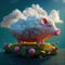 The cheerful little pig jumps between the clouds and flowers - Generate Artificial Intelligente - AI