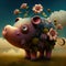 The cheerful little pig jumps between the clouds and flowers - Generate Artificial Intelligente - AI