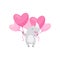Cheerful little rhino with bunch of pink heart-shaped balloons. Funny wild animal. Flat vector design