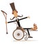 Cheerful long mustached gentleman in the top hat with bandages on the hand and leg holds crutch and sits in the wheelchair