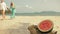 The cheerful love couple in blur, against the background of a watermelon on tropical sand beach sea. Romantic lovers two