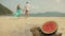 The cheerful love couple in blur, against the background of a watermelon on tropical sand beach sea. Romantic lovers two