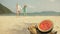 The cheerful love couple in blur, against the background of a watermelon on tropical sand beach sea. Romantic lovers two