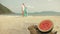 The cheerful love couple in blur, against the background of a watermelon on tropical sand beach sea. Romantic lovers two