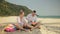 The cheerful love couple holding and eating slices of watermelon on tropical sand beach sea. Romantic lovers two people