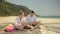 The cheerful love couple holding and eating slices of watermelon on tropical sand beach sea. Romantic lovers two people