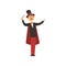 Cheerful magician holding magic wand. Cartoon male character in elegant tuxedo with red cape and cylinder hat. Circus