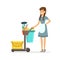 Cheerful maid character wearing uniform standing with janitor cart full of supplies and equipment, cleaning service of