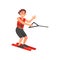 Cheerful male athlete on water skiing. Active summer recreation. Man in swimming shorts and safety vest. Flat vector