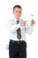 Cheerful male boy student schoolboy teenager holding money isolated on a white background. Young businessman, first earnings