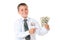 Cheerful male boy student schoolboy teenager holding money isolated on a white background. Young businessman, first earnings