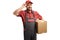 Cheerful male delivery worker carrying a cardboard box and greeting with his cap