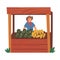 Cheerful Male Farmer Selling Fresh Melons and Watermelons on Wooden Stall at Farm Market Vector Illustration