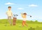 Cheerful Male Playing Golf with His Son Hitting Ball into Hole with Club Vector Illustration