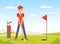 Cheerful Male Playing Golf Hitting Ball into Hole with Club Vector Illustration