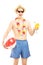 Cheerful male in swimming shorts, holding a beach ball and cocktail