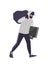 Cheerful male thief wearing mask, cap and hoodie carrying bag and TV. Bearded man commits theft, burglary or