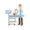 Cheerful male veterinary doctor examining dog in vet clinic, colorful cartoon vector Illustration