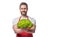 cheerful man in apron with lettuce vegetable isolated on white