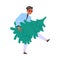 Cheerful Man Character Carrying Green Fir Tree for Celebrating New Year Holiday Vector Illustration