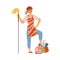 Cheerful man with cleaning supplies. Househusband doing daily routine cartoon vector illustration