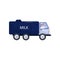 Cheerful man driving truck with milk tank. Vehicle with big blue cistern. Isolated flat vector design