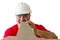 Cheerful man inspecting quality of wooden plank