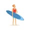 Cheerful man standing on the beach with blue surfboard, water extreme sport, summer vacation vector Illustration