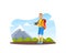 Cheerful Man Taking Photos on Nature, Male Tourist in Outdoor Mountain Landscape, Summer Holidays Adventure Vector