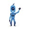 Cheerful mascot robot waving hand with hello text on the screen - flat vector illustration isolated on white background.
