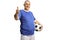 Cheerful mature man in a football jersey holding a ball and gesturing thumbs up