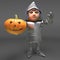 Cheerful medieval knight celebrates Halloween with a carved pumpkin, 3d illustration