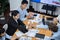 Cheerful meeting room, businesspeople celebrate in meeting room. Meticulous