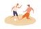 Cheerful men playing football on summer beach. Male friends spend time together. Scene of summer recreational activity