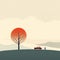 Cheerful Mid-century Illustration: Tree Under Red Sunset With Car