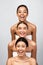 Cheerful Mixed Girls Posing Wrapped In Bath Towels, Gray Background